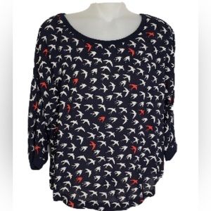 SOLD Anthropologie Maeve Navy Blouse with Birds; 3/4 sleeves